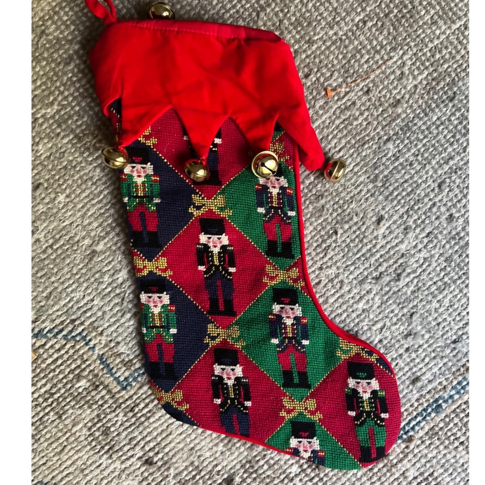 Vintage Needlepoint Christmas Stocking Nutcracker Harlequin Jingle Bells Red